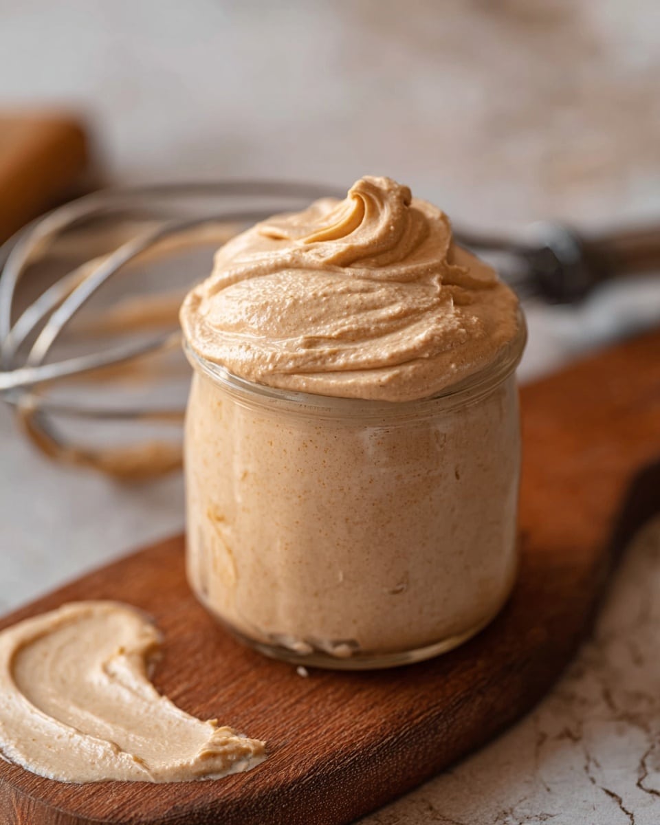 A small clear glass jar filled with a thick light brown creamy mousse that looks soft and airy, with the mousse slightly overflowing the top and forming textured peaks. The jar sits on a wooden board, with some mousse spread on the board near the jar. A metal whisk is seen blurred in the background resting on the same board. The background has a white marbled texture. Photo taken with an iphone --ar 4:5 --v 7