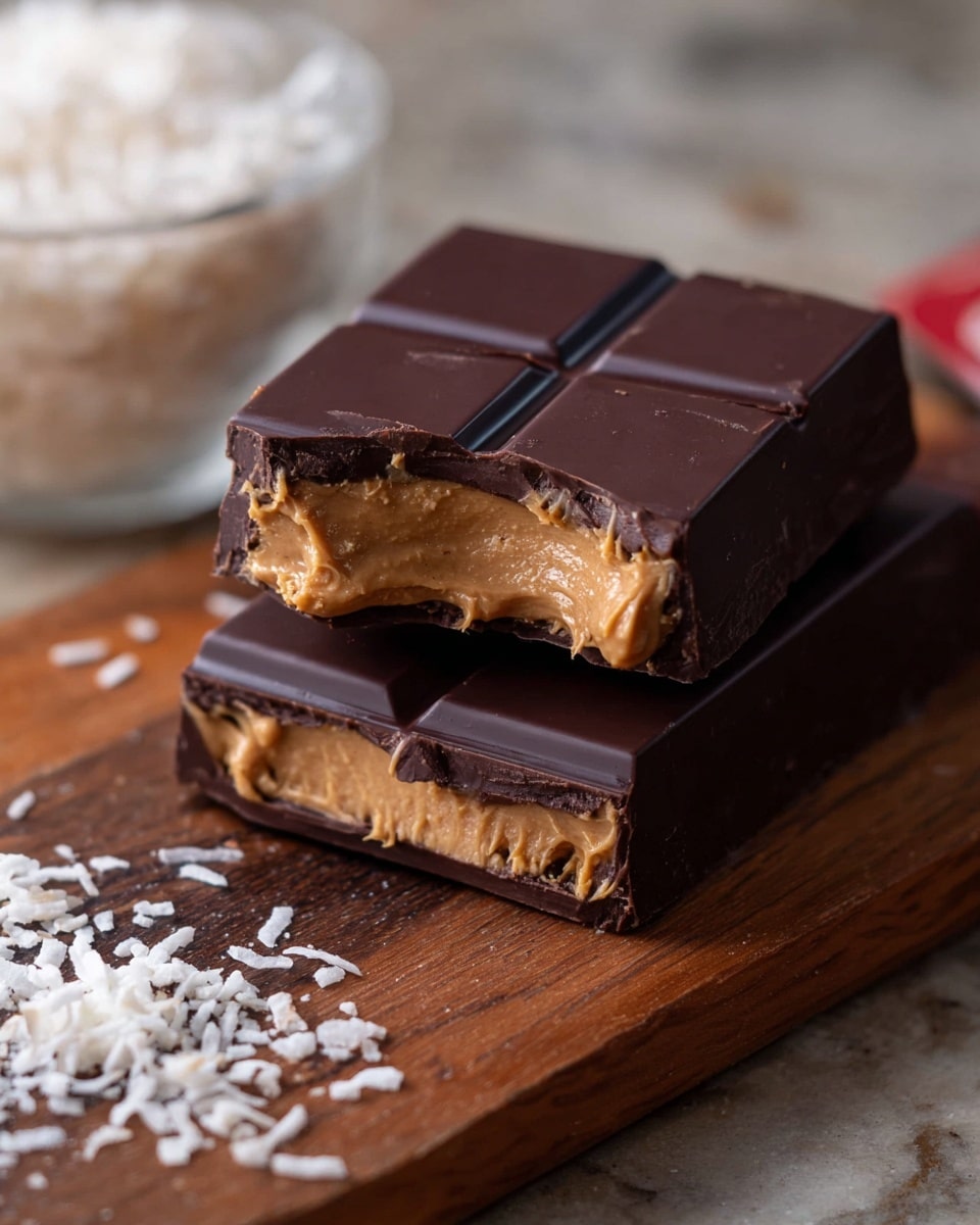 The image shows a close-up of two pieces of dark chocolate with a thick layer of light brown peanut butter filling in the middle. The chocolate is divided into three rectangular sections on top, smooth and shiny, with the peanut butter layer slightly rough and creamy in texture, visible as one piece is broken to show the filling inside. The chocolate pieces are stacked on a dark wooden board set on a white marbled surface, with some white grated coconut scattered around. Photo taken with an iphone --ar 4:5 --v 7