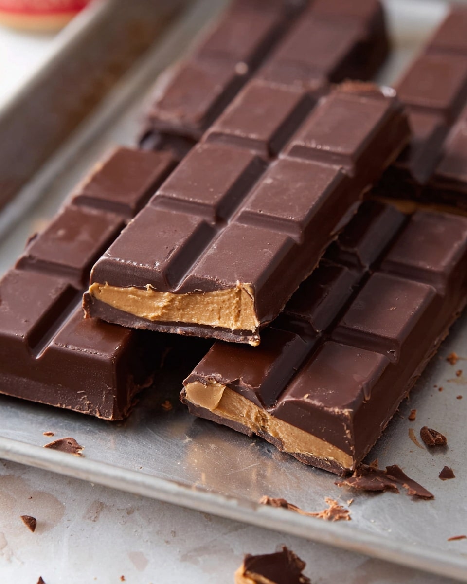 A close-up of several rectangular chocolate bars laid on a metal tray, each bar divided into smaller segments with a smooth, dark brown chocolate top layer. One bar is broken showing a thick, textured light brown peanut butter layer inside, contrasting with the shiny chocolate exterior. The chocolate has slight shine and minor crumbs around, with a soft, creamy filling that looks rich and dense. The background is a white marbled texture. photo taken with an iphone --ar 4:5 --v 7