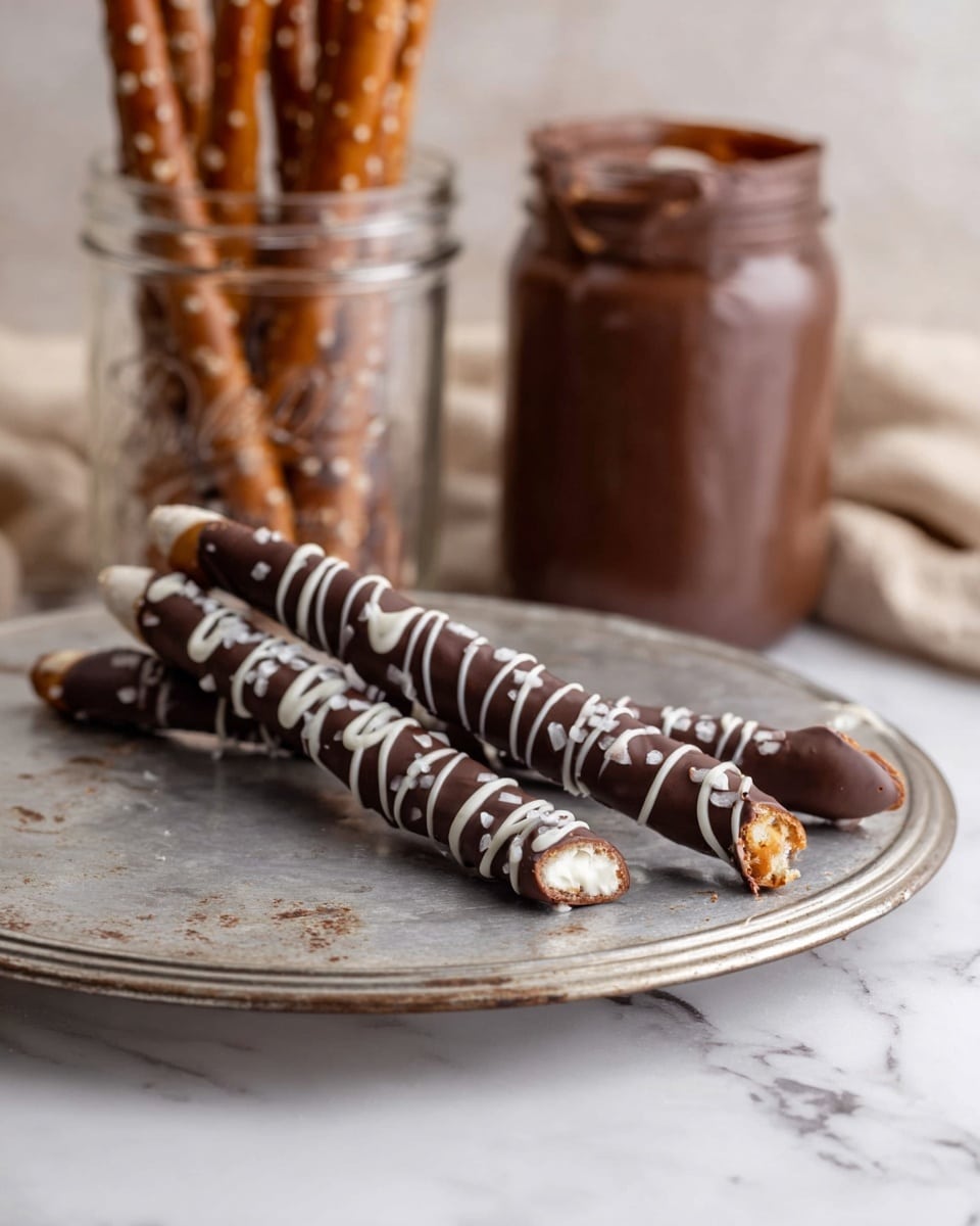 Two thin pretzel sticks coated fully in dark brown chocolate lie on a round, slightly worn silver tray placed on a white marbled surface. Each pretzel stick has a white chocolate zigzag pattern on top and one pretzel stick is broken, showing a light tan inside. Behind them, there is a clear glass jar holding more pretzel sticks, and a blurry jar filled with dark brown chocolate spread. The colors are warm and soft, giving a cozy feel. photo taken with an iphone --ar 4:5 --v 7