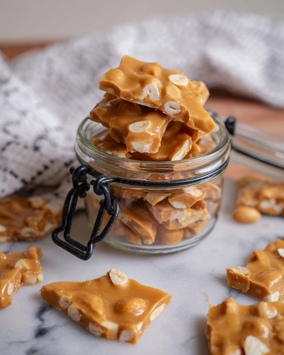 The image shows broken pieces of light brown peanut brittle stacked inside a clear glass jar with black metal clasps. Each piece has whole white peanuts embedded, creating a textured surface with smooth, shiny caramel coating. Pieces also lie scattered around the jar on a white marbled surface. A blurred white marbled textured cloth with dark lines appears in the background. Photo taken with an iphone --ar 4:5 --v 7