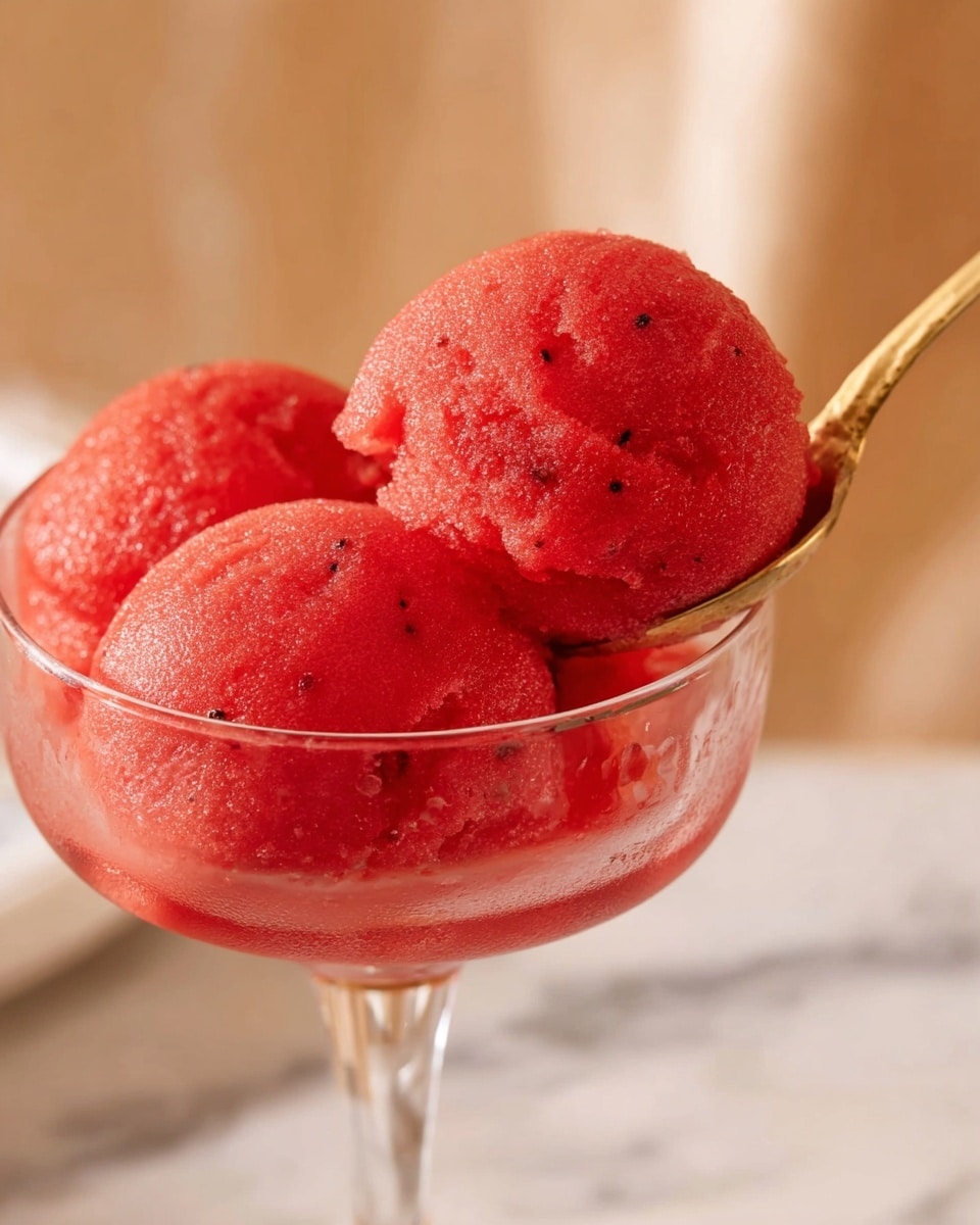 A clear glass dessert cup holds three scoops of bright red frozen sorbet with a smooth, slightly icy texture and small dark specks scattered throughout. The sorbet fills the cup almost to the top. A gold spoon scoops one of the sorbet balls, showing its rounded shape and soft surface. The background is softly blurred with a warm tone, and the scene is set on a white marbled surface. photo taken with an iphone --ar 4:5 --v 7