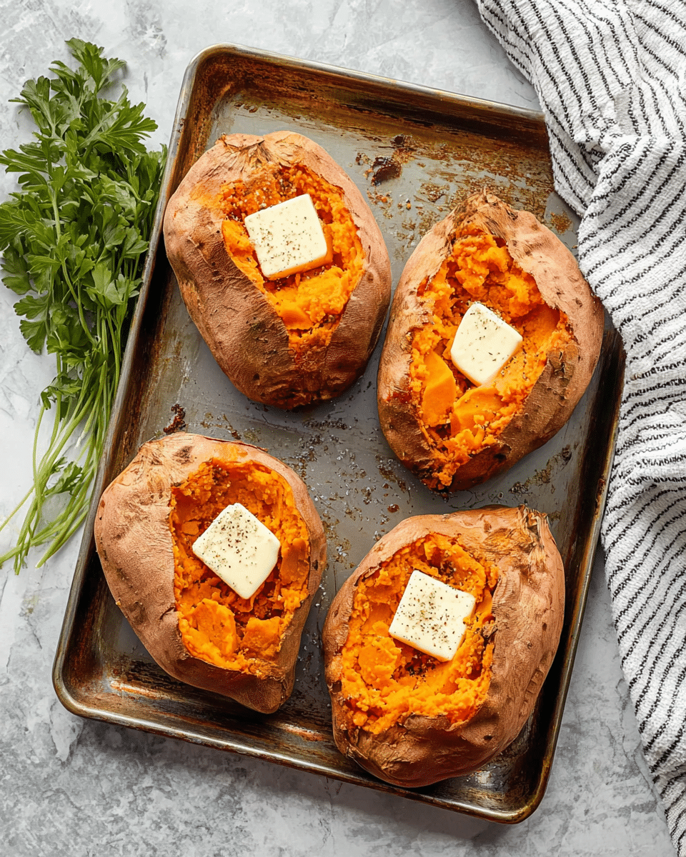Four baked sweet potatoes lie on a metal baking tray with an oily shine. Each sweet potato is split open, showing soft, bright orange flesh that looks fluffy and a little crumbly. On top of each potato's open center is a square piece of white butter, which is slightly melting. The potatoes have a light brown skin with a rough texture and natural wrinkles. The tray is on a surface that looks like white marble, and fresh green herbs sit in the top left corner. A white and black striped cloth is on the upper right side of the image. Photo taken with an iphone --ar 4:5 --v 7