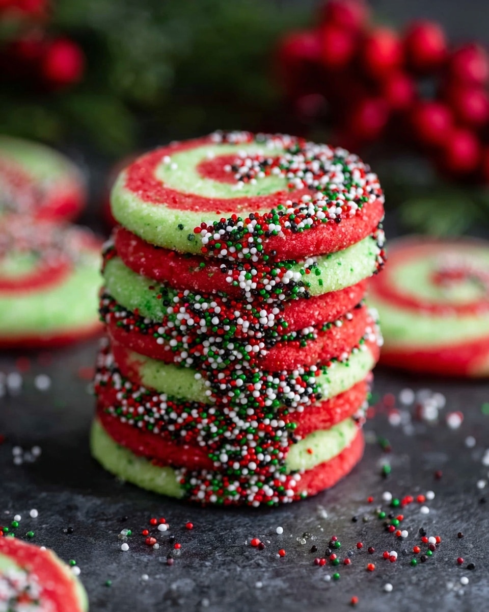 The image shows a round wooden plate holding six festive swirl cookies. Each cookie has three spiral layers: a red outer layer, a white middle layer, and a green inner layer, creating a clear swirl pattern. The edge of each cookie is decorated with small red, green, white, and black round sprinkles, adding texture and color contrast. The plate rests on a white marbled textured background, with bright red berries and deep green leaves blurred in the background, hinting at a holiday theme. Photo taken with an iphone --ar 4:5 --v 7
