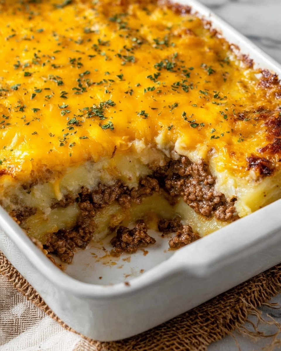 A white rectangular baking dish contains a baked layered casserole with four visible layers: the bottom layer is soft, pale yellow potatoes with a smooth texture, above it is a cooked, crumbly brown ground meat layer mixed with onions, then a melted layer of creamy light yellow cheese, and the top layer is a thick, bubbly bright yellow melted cheddar cheese sprinkled lightly with green herbs. A section of the casserole is scooped out from one corner, revealing the layers clearly. The dish sits on a white marbled surface with a textured beige mat underneath. Photo taken with an iphone --ar 4:5 --v 7