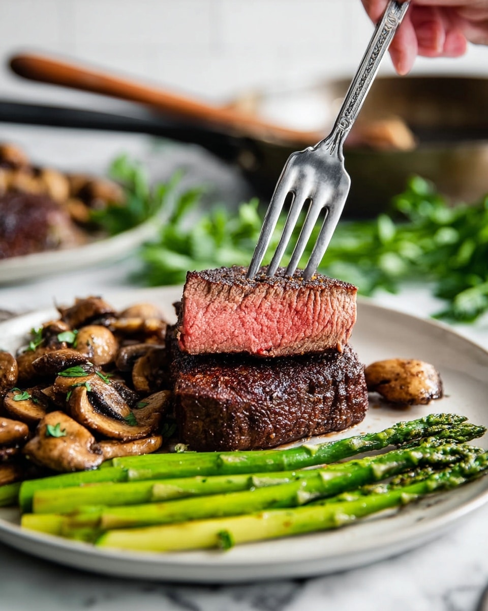 A white plate holds a juicy medium-rare steak broken into two layers, with the upper layer showing a pink interior and a dark brown seared crust. In front of the steak, a row of bright green asparagus spears lies flat, showing a slightly cooked, crisp texture. Surrounding the asparagus and steak are several pieces of sautéed mushrooms in varying shades of brown, with soft yet slightly crispy edges. A woman's hand with a fork pierces the top steak layer near the center, lifting it just above the bottom layer. The background shows a white marbled surface with blurred kitchen items like fresh herbs and cooking utensils. photo taken with an iphone --ar 4:5 --v 7