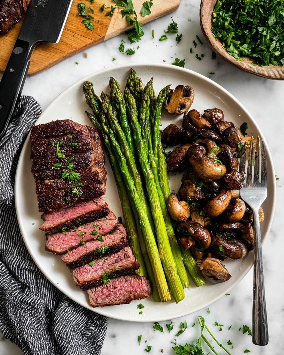 A white round plate holds three sections of food: on the left, a sliced steak cooked medium rare with a dark brown crust and pink inside, sprinkled with small green herbs; in the middle, a bundle of bright green cooked asparagus spears lined up neatly; on the right, a pile of browned cooked mushrooms with a slightly glossy texture. A silver fork rests on the right edge of the plate over the mushrooms. The plate sits on a white marbled surface scattered lightly with small green herb pieces. In the background, a bowl filled with chopped green herbs and fresh parsley sprigs are visible, along with a wooden cutting board and a black-handled knife partially visible next to a black and white striped cloth. Photo taken with an iphone --ar 4:5 --v 7