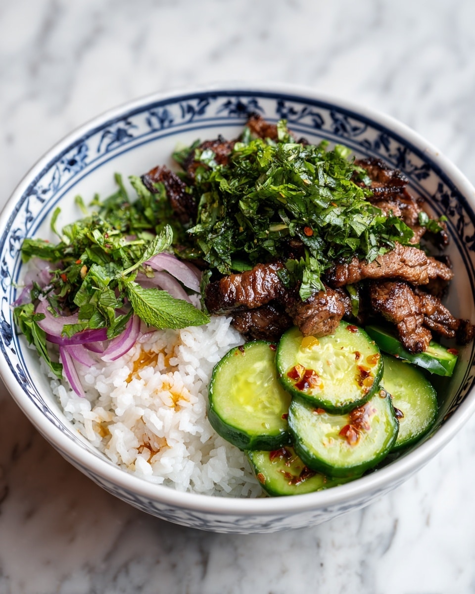 A white bowl with a blue pattern holds a layered dish starting with a base of fluffy white rice, partially stained with some chili oil spots. On top of the rice is a generous layer of grilled, slightly charred, brown meat strips. Fresh, chopped green herbs are sprinkled over the meat, adding bright color and texture. To one side of the bowl, there is a fresh cucumber salad made of thin green cucumber slices and light purple onion rings, drizzled lightly with chili oil and herbs. The bowl is set on a white marbled surface. photo taken with an iphone --ar 4:5 --v 7