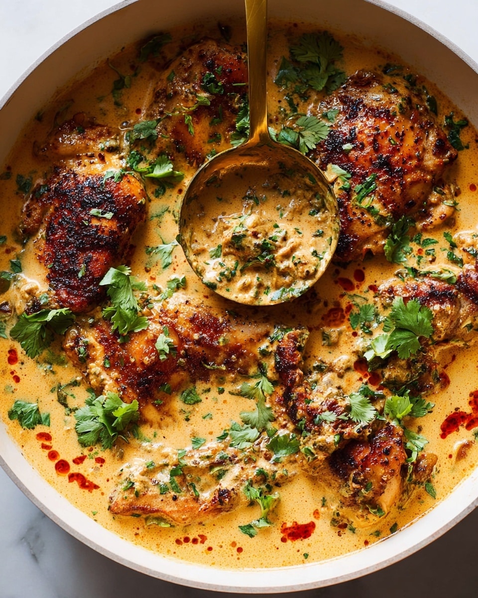 A white pan filled with richly browned chicken pieces partly covered in a creamy, light orange sauce with hints of red oil swirls. The sauce is thick, speckled with green herbs, mostly fresh cilantro leaves scattered on top, adding bright green spots across the surface. A gold ladle is partially submerged in the sauce, lifting some creamy sauce mixed with finely chopped herbs, creating texture contrast. The chicken is well-seared with visible charred edges, and the sauce pools around them with a smooth, slightly oily texture on a white marbled surface background. photo taken with an iphone --ar 4:5 --v 7