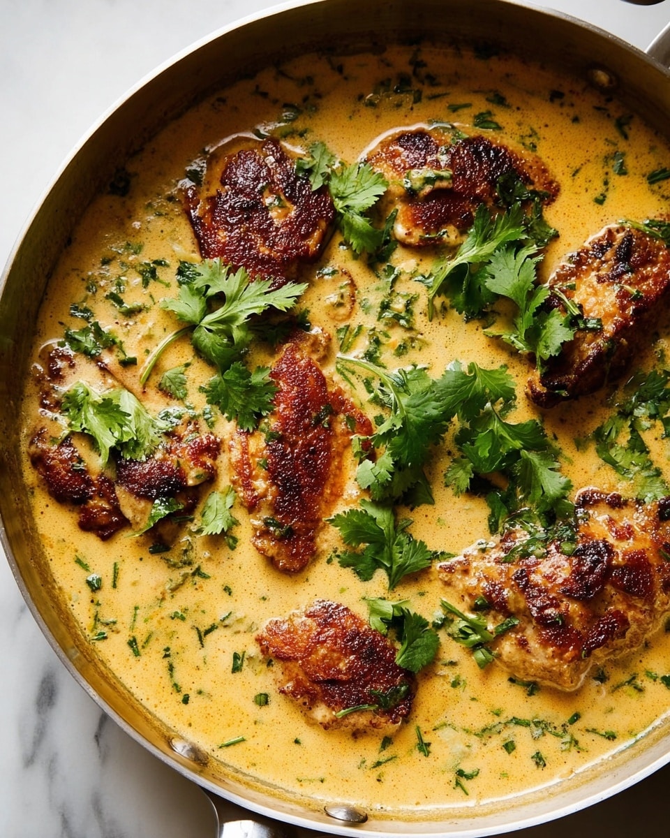 A pan filled with rich golden-yellow creamy sauce that has specks of green herbs mixed throughout. Inside the sauce, there are several pieces of browned, crispy-edged chicken, each piece partially submerged and covered with the sauce. Fresh green cilantro leaves are scattered on top, adding bright color contrast to the creamy base and dark chicken. The pan is silver, and the background is a white marbled texture. photo taken with an iphone --ar 4:5 --v 7
