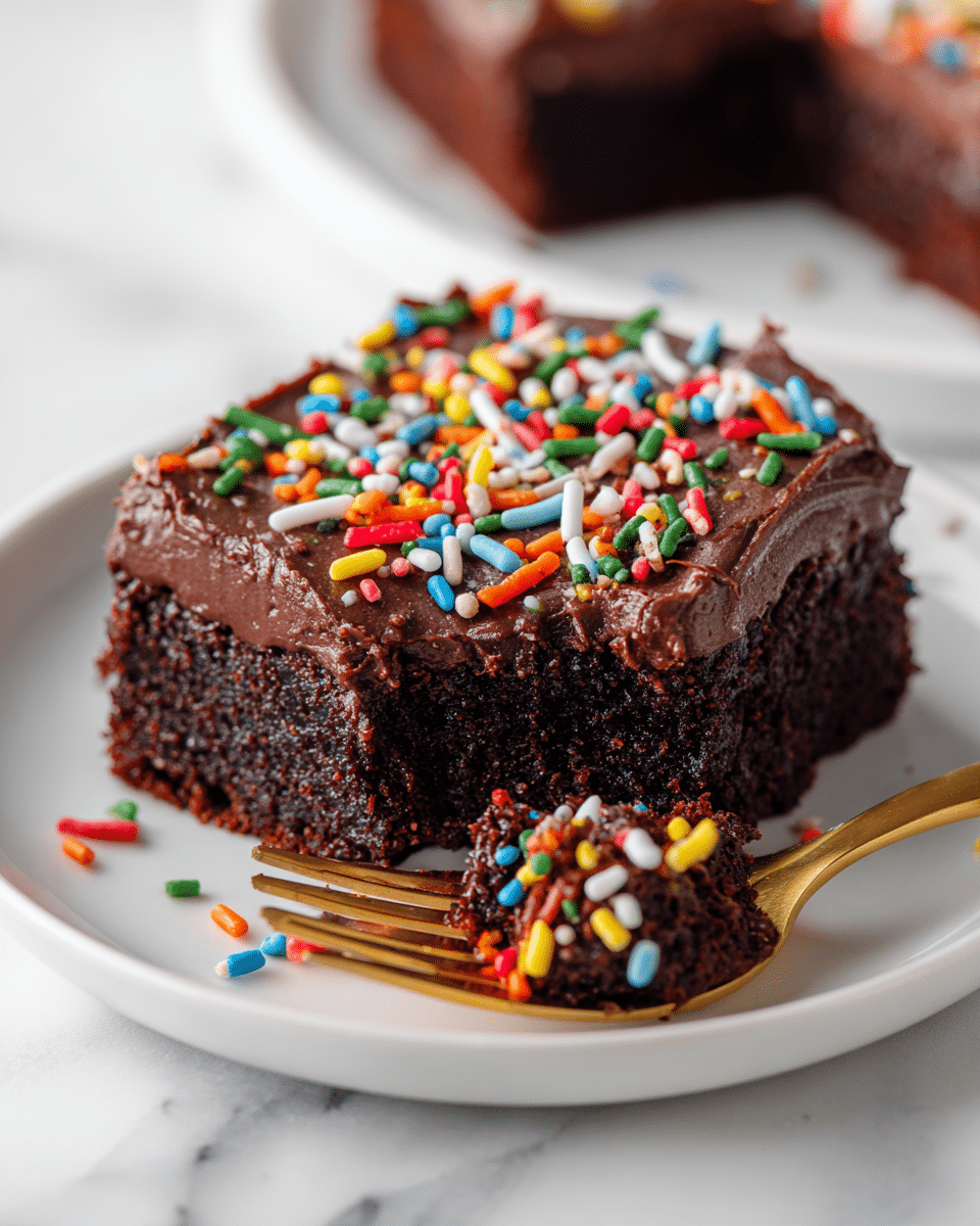 A close-up of a single brownie square on a white plate, topped with thick, smooth chocolate frosting covered in colorful, small cylindrical sprinkles in red, yellow, blue, green, orange, and white. The brownie is dark brown and moist, with a soft texture visible where a piece has been cut and lifted by a golden fork. The lifted piece also has sprinkles on it, and the background is a white marbled surface, giving a clean and bright look. photo taken with an iphone --ar 4:5 --v 7