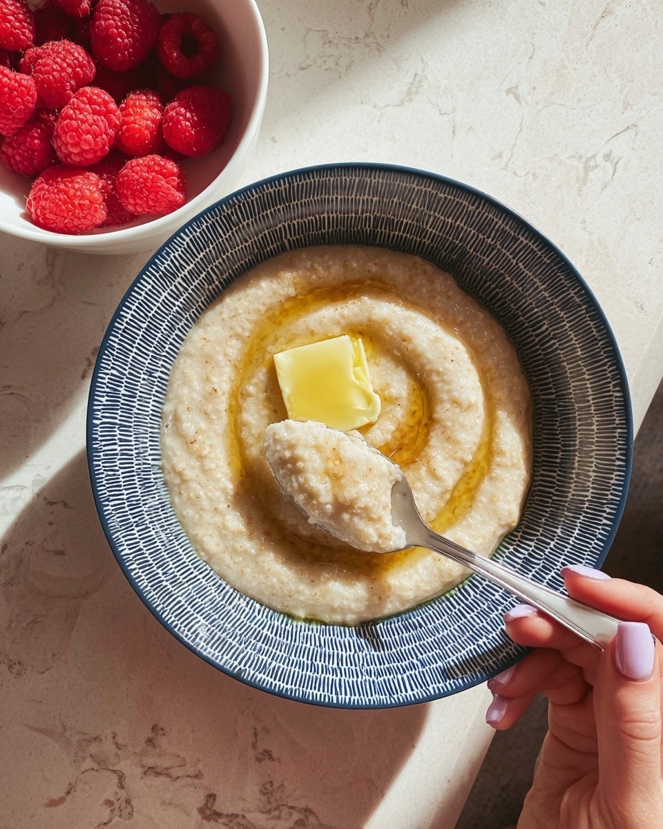 A bowl with a blue and white woven pattern holds a thick creamy oatmeal base with a slightly grainy texture, swirled in a spiral shape. On top of the oatmeal, there is a square pat of yellow butter melting and spreading golden liquid around it. A shiny silver spoon is scooping the butter, held by a woman's hand with light pink nails in the lower right corner. To the left, a small white bowl filled with bright red raspberries sits on a white marbled surface. The background is softly lit, giving the scene a warm, cozy feeling. Photo taken with an iphone --ar 4:5 --v 7