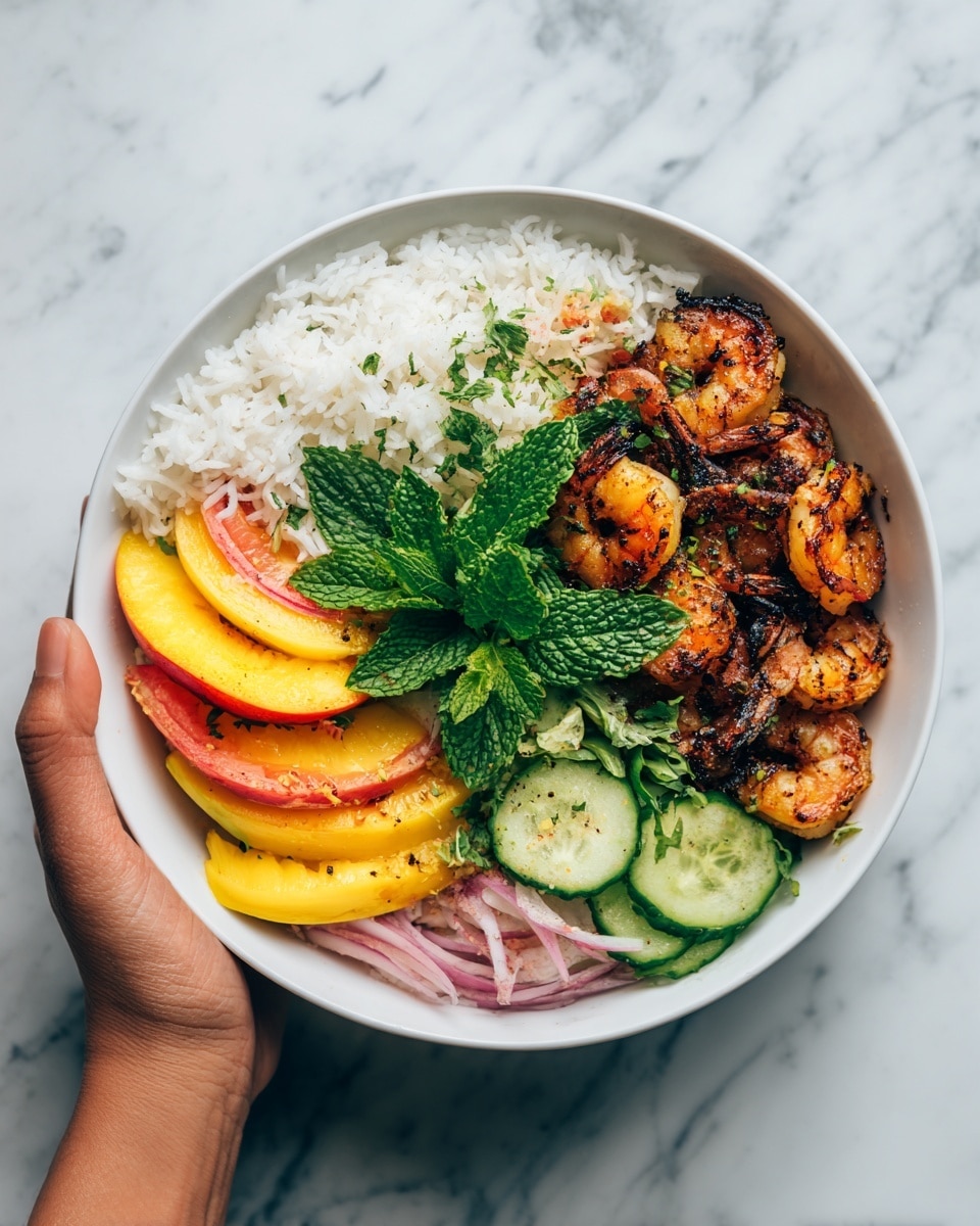 A white bowl holds a dish with three distinct layers: on the left side, a fluffy pile of white rice with a soft, grainy texture; on the top right, a generous portion of grilled shrimp, golden-brown and slightly charred with a crispy look; on the bottom right, a colorful salad made of thin slices of yellow and red peaches, green cucumber, thin red onion slices, all topped with fresh green mint leaves scattered over. A woman's hand is holding the bowl over a white marbled surface. Photo taken with an iphone --ar 4:5 --v 7