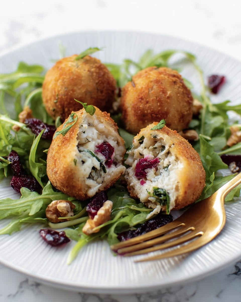 This image shows three golden-brown fried balls with a crunchy, breadcrumb coating, placed on a bed of fresh mixed greens with some purple stems. Two of the balls are whole, while the middle one is cut in half, revealing a soft, white inner layer with visible green herbs and dark red pieces inside. The salad is scattered with dried dark red berries and walnut pieces, adding texture and color contrast. A gold fork rests on the right side of the white plate, which sits on a white marbled surface. photo taken with an iphone --ar 4:5 --v 7
