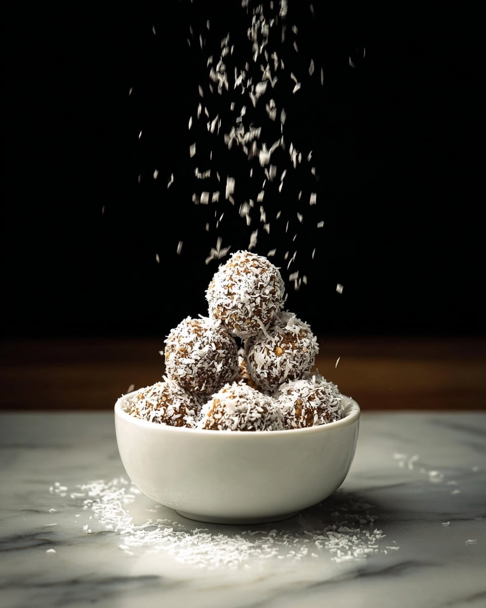 A small white bowl is filled with round brown balls covered evenly with white flakes, arranged in a pyramid shape with five balls at the base and one ball on top. More white flakes are falling from above onto the top ball and spreading downwards. The bowl sits on a surface with a white marbled texture, and some flakes are scattered around the bowl's base. The background is dark, making the bowl and flakes stand out sharply. photo taken with an iphone --ar 4:5 --v 7