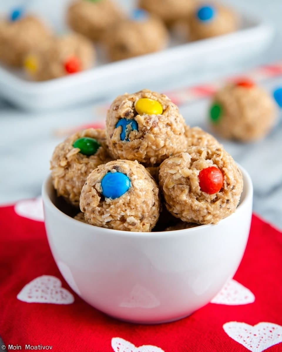 A white cup filled with round, beige cookie dough balls that have a rough, oat-like texture. The dough balls contain colorful candy pieces in blue, green, yellow, and red, which are scattered unevenly on the surface. The cup sits on a red cloth with white heart patterns, all placed on a white marbled surface. In the blurry background, there is a white tray with more dough balls and a pair of chopsticks. photo taken with an iphone --ar 4:5 --v 7