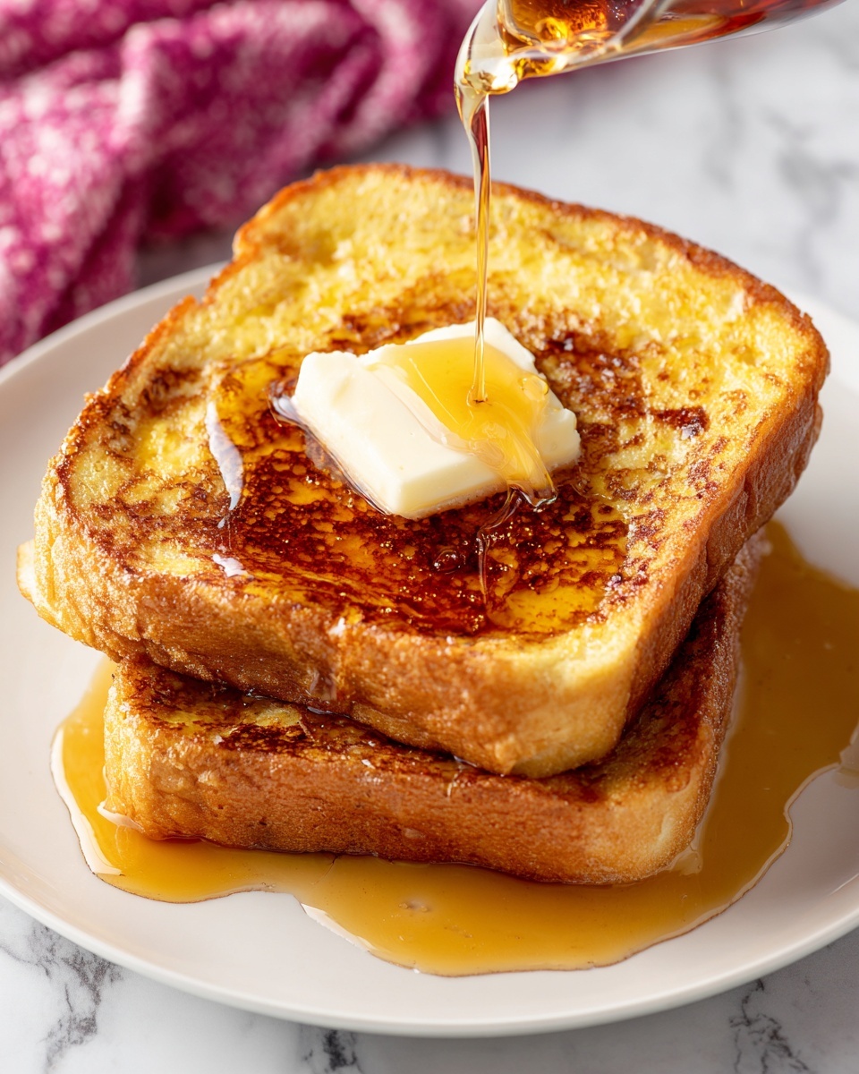 Two thick slices of French toast are stacked on a white plate. The top slice is golden brown with a soft, slightly crispy texture, and a melting pat of butter resting in the middle. Amber syrup is being poured over the butter, spreading down both slices, creating a shiny, sticky layer. The syrup pools slightly around the base of the toast. The background shows a white marbled texture and a glimpse of a pink cloth. Photo taken with an iphone --ar 4:5 --v 7