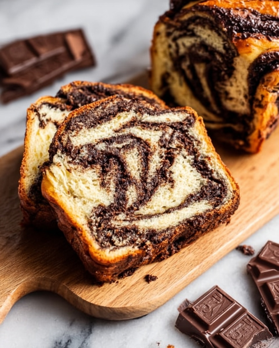 The image shows a close-up of a slice of chocolate babka on a wooden cutting board placed on a white marbled surface. The babka has multiple twisted layers of light golden bread with rich dark brown chocolate swirls running through it, creating a marbled pattern that is thick and uneven. Next to the slice, part of the rest of the babka loaf is visible with the same layers and texture. Around the cutting board, there are a few pieces of broken dark brown chocolate bars placed on the white marbled surface. photo taken with an iphone --ar 4:5 --v 7