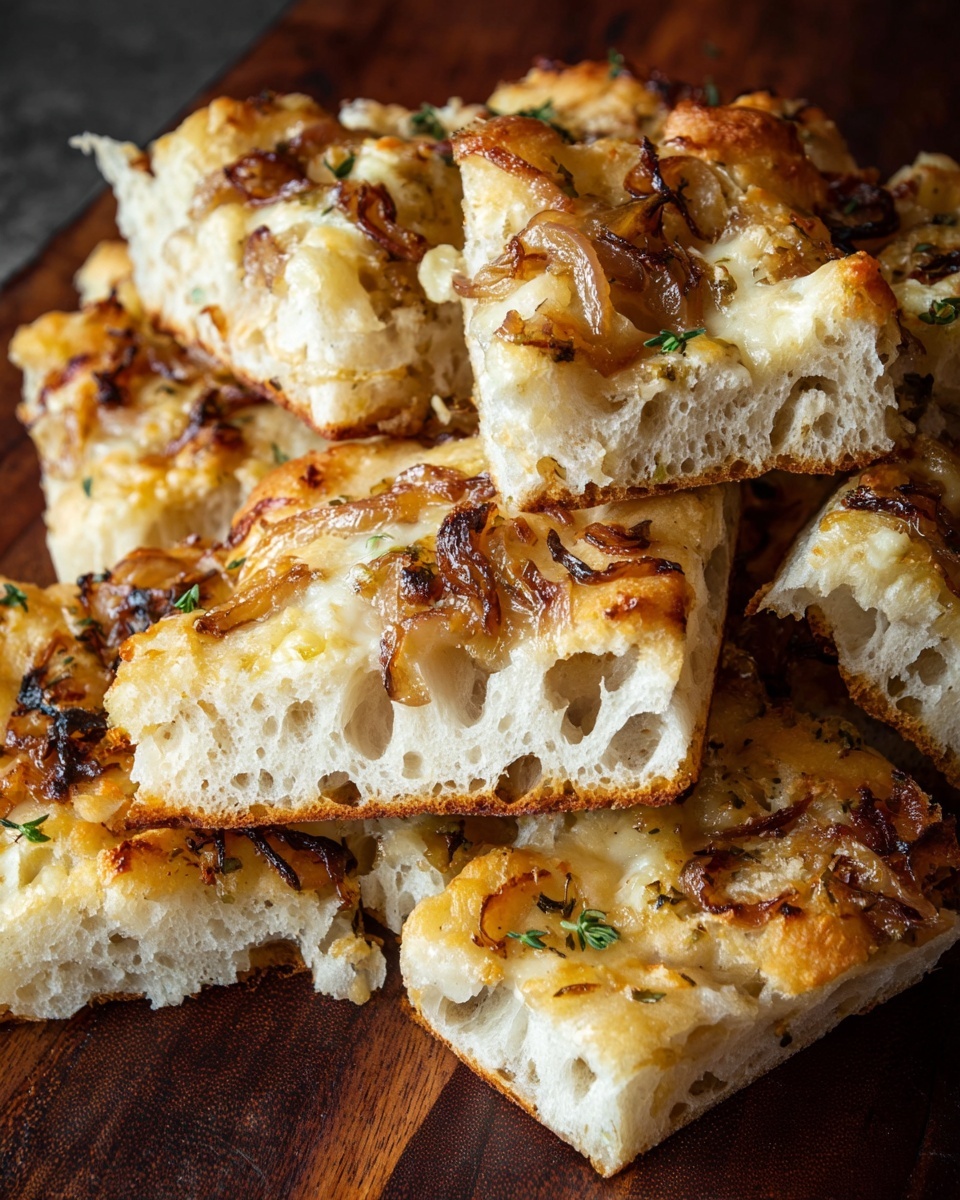 The image shows several pieces of focaccia bread stacked close together on a dark wooden surface, featuring a soft, airy crumb with visible air pockets inside each slice. The top layer has a golden-brown crust with melted pale yellow cheese and caramelized onion slices that add a mix of light and dark brown colors. Small sprigs of green herbs are sprinkled on the top, adding a touch of freshness. The texture of the bread looks fluffy and light, contrasting with the slightly crispy and chewy baked cheese and onions on top. photo taken with an iphone --ar 4:5 --v 7