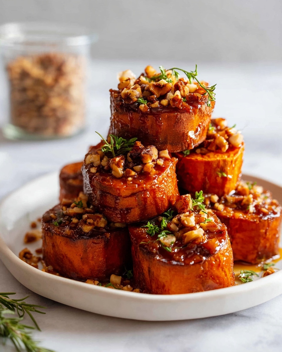 The image shows a stack of round roasted sweet potato slices arranged in three layers, each slice having a crispy, caramelized orange-brown surface. The top layer is being drizzled with thick, glossy brown sauce that has chopped nuts mixed in, which also scatter over each layer, adding texture. Small green herb leaves are sprinkled on top, giving a fresh touch. A woman's hand holds a glass jar pouring the sauce slowly over the top sweet potato slice. The background is a white marbled texture. photo taken with an iphone --ar 4:5 --v 7