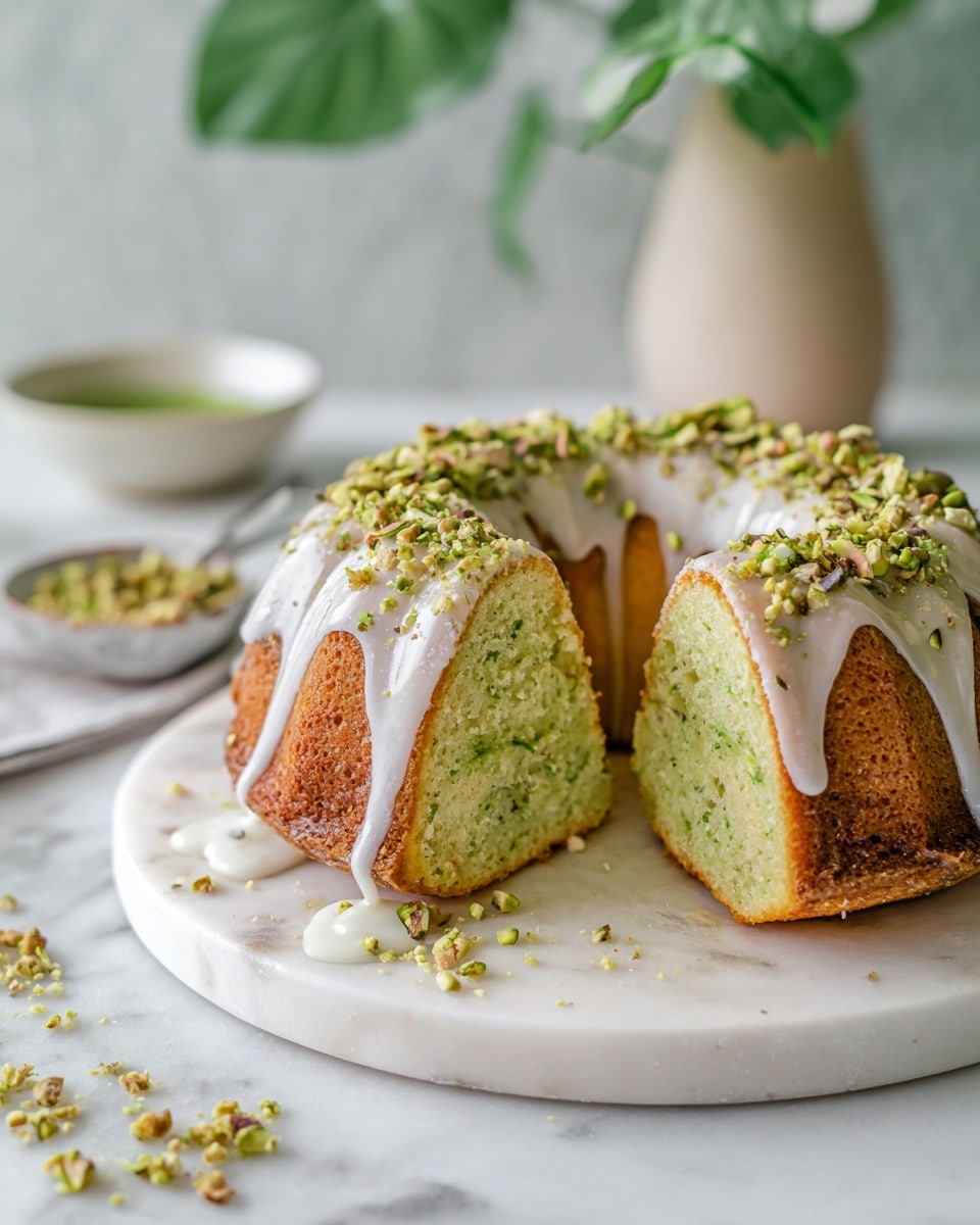 A bundt cake with a light green interior and golden brown crust is shown sliced on a white marble round plate; the cake is topped with a white glaze that drips down the sides and sprinkled with chopped nuts and green crumbs on top, some of these toppings have fallen onto the plate; in the background is a blurred white bowl with green sauce and a green plant in a light-colored vase, all placed on a white marbled surface. photo taken with an iphone --ar 4:5 --v 7