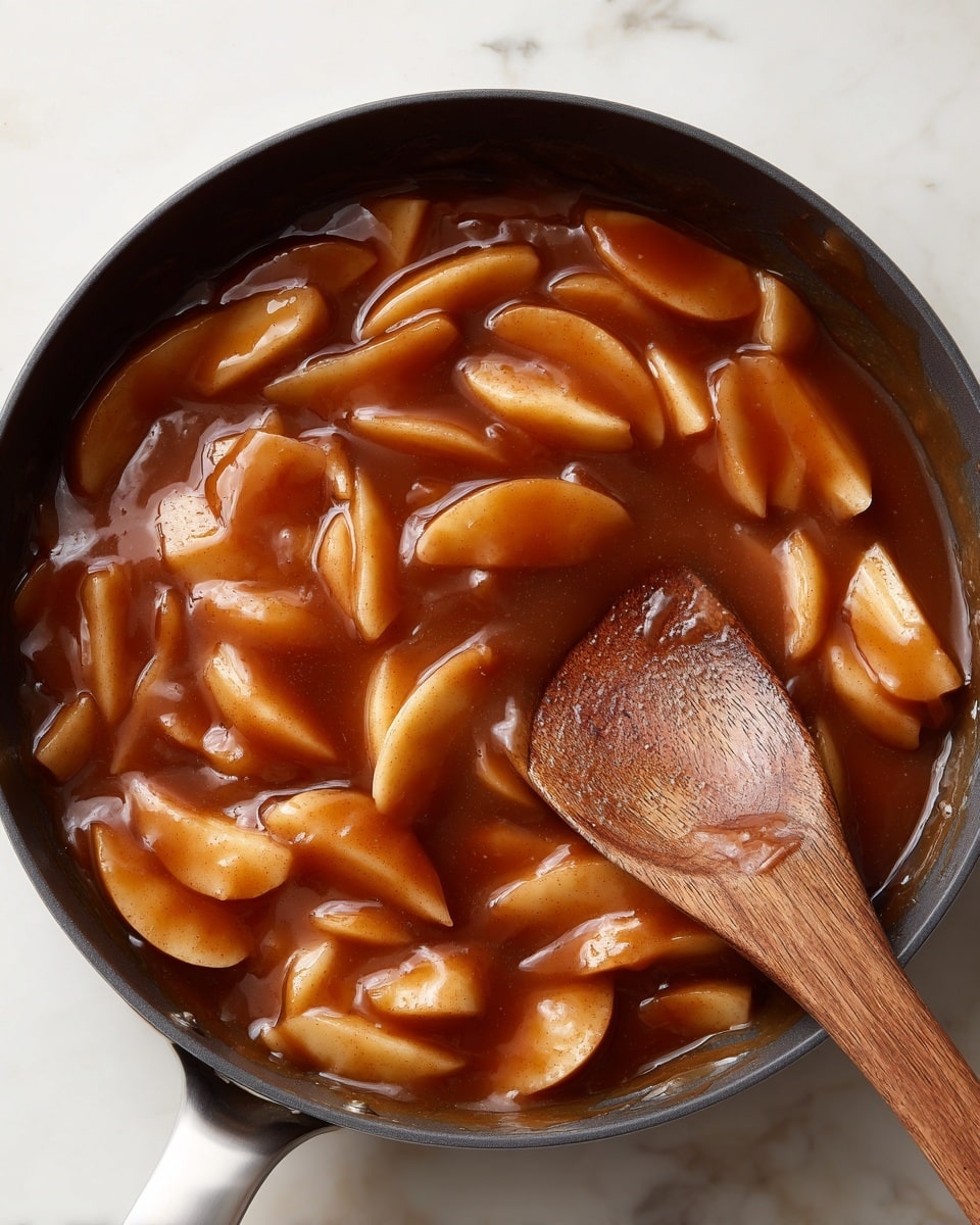 The image shows a black pan filled with thin slices of cooked apple pieces covered in a shiny, thick caramel brown sauce, giving a glossy and warm look. A wooden spoon is resting inside the pan, partially submerged in the apple slices and sauce, with visible wood grain texture and some sauce on its surface. The pan sits on a white marbled texture, suggesting a kitchen countertop. The apples appear soft and tender, coated evenly with the smooth, syrupy sauce that reflects light softly, making the dish look rich and appetizing. photo taken with an iphone --ar 4:5 --v 7