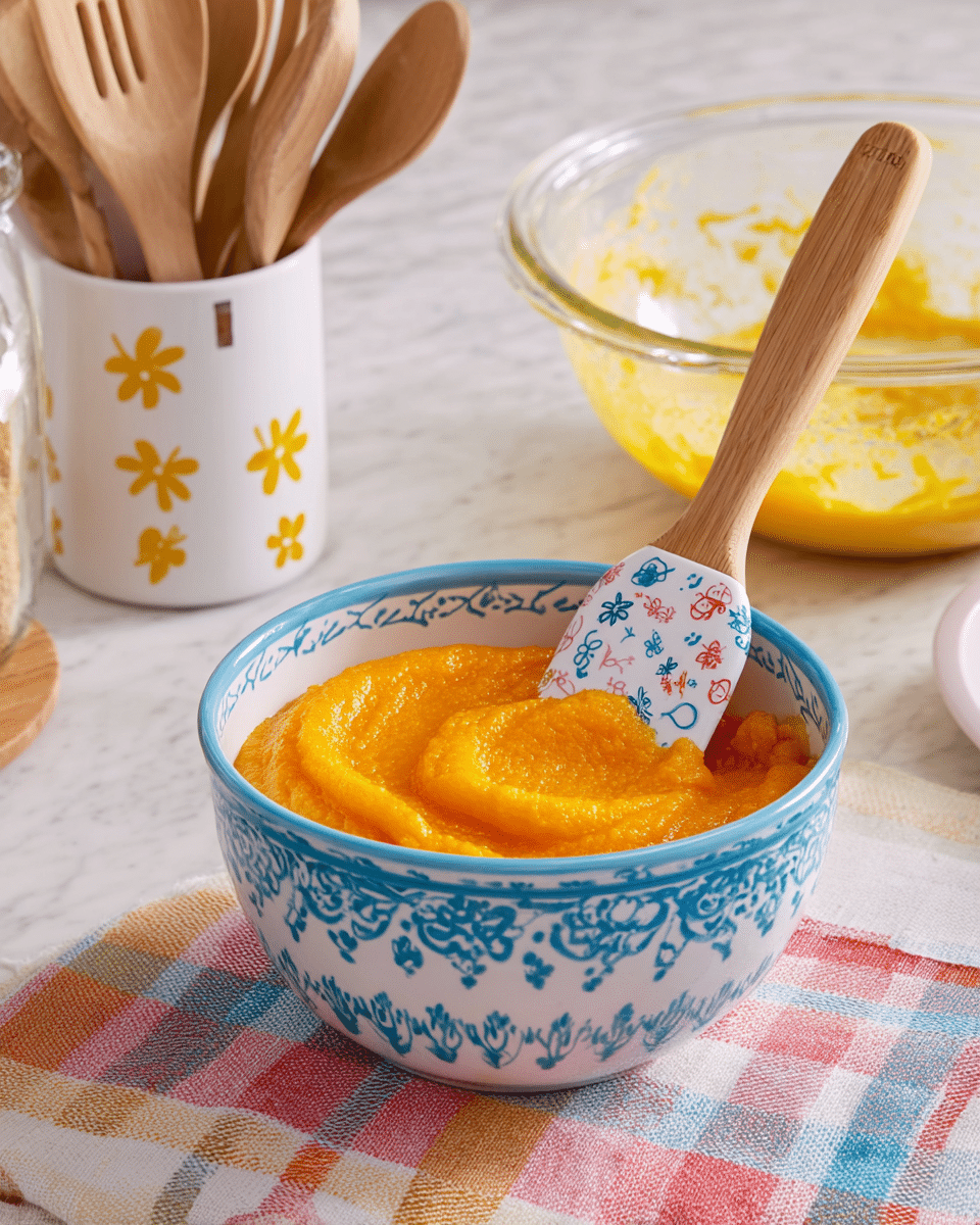 A white bowl with blue floral patterns on the outside and blue decorative trim around the inside rim is filled with thick, bright orange puree, showing a smooth, slightly textured surface. A wooden spatula with a white, blue, and orange floral design on the silicone head is resting inside the puree, its handle sticking out. The bowl sits on a white marbled surface next to a colorful checkered cloth in red, white, blue, and beige. In the background, there are a white utensil holder with wooden spoons and spatulas and a white container with a yellow flower pattern and a wooden lid, as well as a clear mixing bowl with leftover yellow batter. Photo taken with an iphone --ar 4:5 --v 7