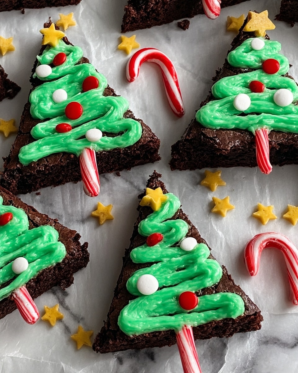The image shows triangular chocolate brownie pieces cut and decorated like Christmas trees. Each brownie has a thick, dark brown base with a rough, cracked texture. On top of the brownies is a bright green swirled frosting that zigzags to form the shape of a tree. Small red and white round sprinkle decorations are placed randomly on the frosting, with a yellow star-shaped sprinkle at the top of each tree. A red, white, and green striped candy cane stick is placed at the base of each brownie triangle as a tree trunk. The brownies and candy canes are arranged on white paper with crushed yellow star-shaped sprinkles scattered around, all placed on a white marbled surface. Photo taken with an iphone --ar 4:5 --v 7