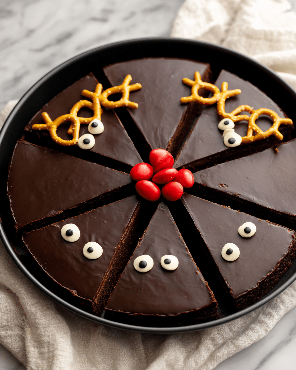 A round chocolate cake is cut into eight slices, each slice covered with a smooth, dark chocolate layer. On top of each slice near the edge are two small white candy eyes with black pupils, and a golden pretzel is placed above the eyes, resembling antlers. In the center of the cake, there are seven red candy pieces arranged in a circular shape, mimicking a nose. The cake sits in a black round baking pan, placed on a white marbled surface with a soft white cloth underneath. photo taken with an iphone --ar 4:5 --v 7