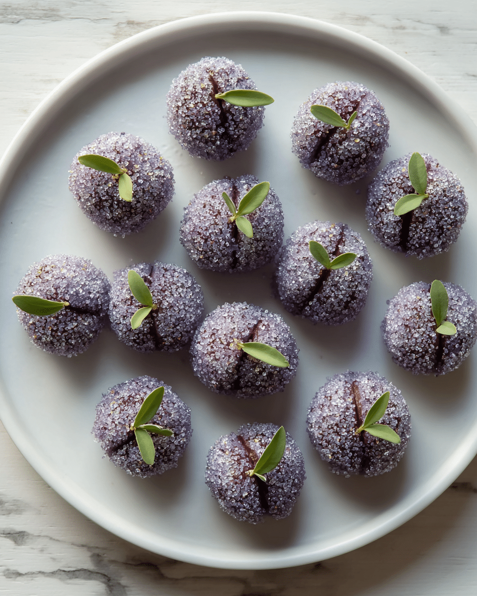 The image shows a white plate with thirteen small, round treats arranged loosely on it. Each treat is covered in a layer of coarse purple and clear sugar crystals, giving them a sparkling texture. They are divided by a central line creating two rounded halves, resembling small fruits or nuts. On top of most treats, a small green sprig is inserted like a stem, adding a fresh touch. The plate sits on a white marbled surface, and the overall look is neat and inviting with soft natural light. photo taken with an iphone --ar 4:5 --v 7