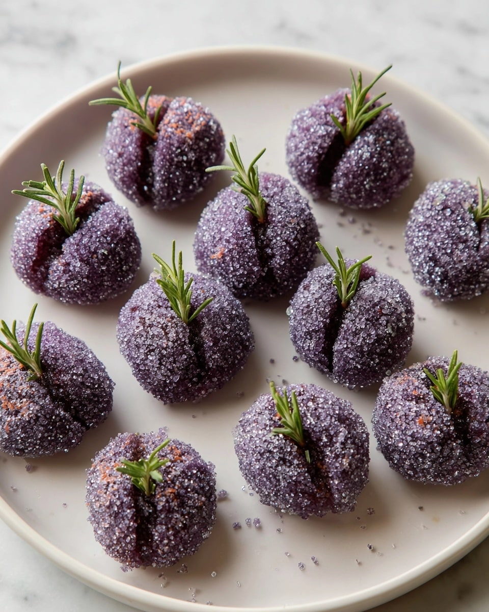 The image shows ten round bite-sized treats arranged loosely on a white plate, each covered in purple sugar crystals that give a sparkling, rough texture. Each treat has a deep split in the middle, creating two halves, and small green rosemary sprigs stick out from the top as decorative stems. The background is a white marbled texture, giving a clean and bright look to the scene. photo taken with an iphone --ar 4:5 --v 7