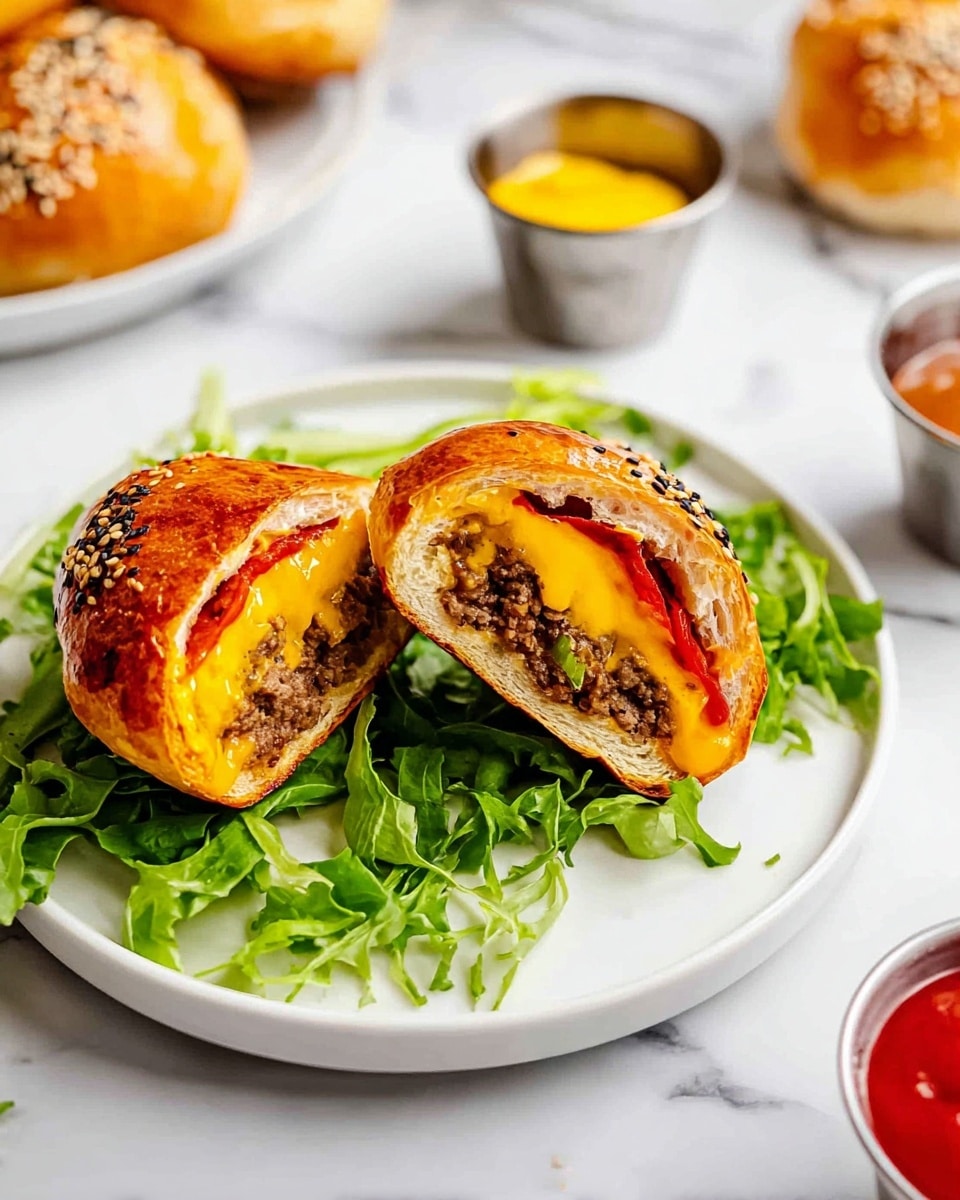 A white plate with two halves of a stuffed roll placed on a bed of thinly sliced green lettuce. Each roll half shows layers from outer to inner: a golden-brown baked dough crust, a layer of cooked ground beef mixed with small onion pieces, melted light yellow cheese, and a smear of bright yellow mustard on one half and red ketchup on the other. The plate is set on a white marbled surface, with a metal cup of yellow mustard and a metal cup of red ketchup nearby. In the background, parts of additional white plates with round sesame seed-topped golden bread rolls are visible. Photo taken with an iphone --ar 4:5 --v 7