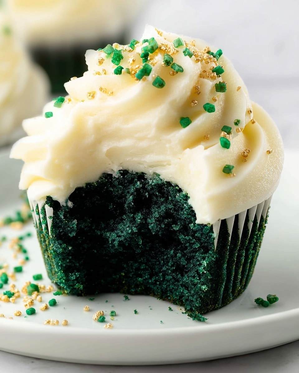 A close-up of a single cupcake with two layers: the bottom layer is a dark green, moist-looking cupcake base with a rough texture and one bite taken out of it, revealing the soft inside; the top layer is a thick, creamy white frosting that is swirled generously on top in a smooth, fluffy texture, decorated with small green and gold sprinkles scattered on the frosting and some fallen around the cupcake on the white plate. The cupcake sits on a white plate with a white marbled texture surface in the background. photo taken with an iphone --ar 4:5 --v 7