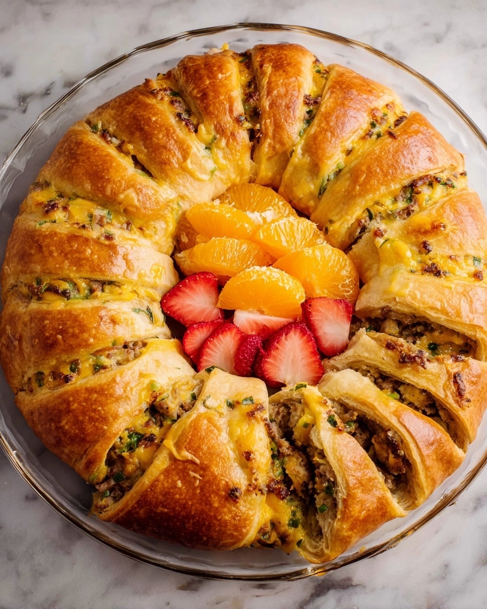 A golden brown ring-shaped pastry is arranged on white parchment paper over a well-used metal baking tray. The pastry is divided into even sections with each section showing a filling made of yellow scrambled eggs mixed with bits of green herbs and small pieces of orange and brown ingredients, possibly vegetables and meat. The crust looks flaky and shiny with crisp edges around the filling. The background surface has a white marbled texture, and there are some red and white Christmas ornaments near the top along with a white plate holding two forks on the right side. Photo taken with an iphone --ar 4:5 --v 7