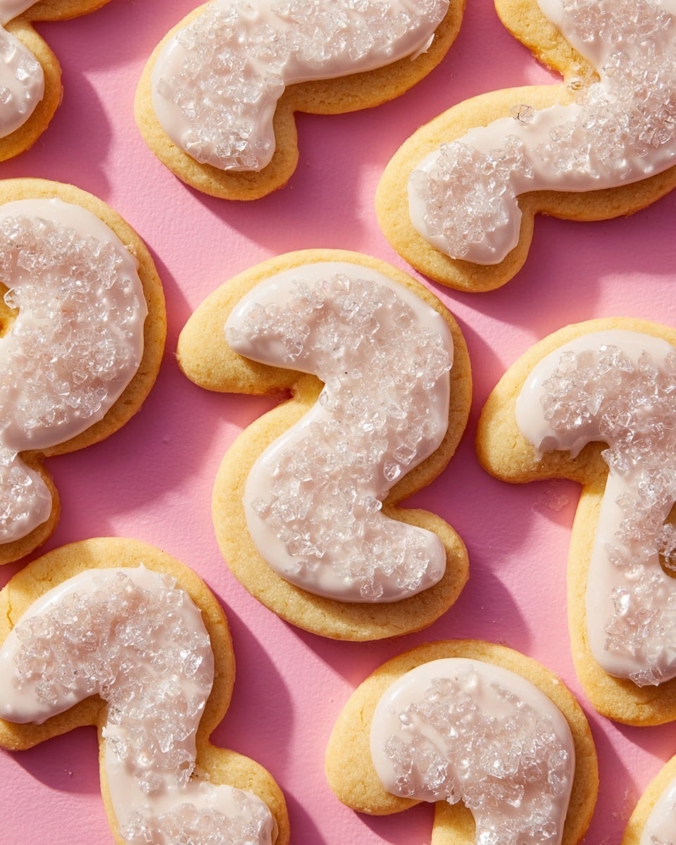 The image shows several sugar cookies shaped like question marks placed closely together on a flat pink surface. Each cookie has a soft, light golden-brown base layer with a smooth, thick layer of white icing on top. The icing covers nearly the entire cookie surface and is decorated with sparkling large sugar crystals that catch the light. The cookies vary slightly in size but all share the same color and texture pattern, resting flat on the pink background. photo taken with an iphone --ar 4:5 --v 7