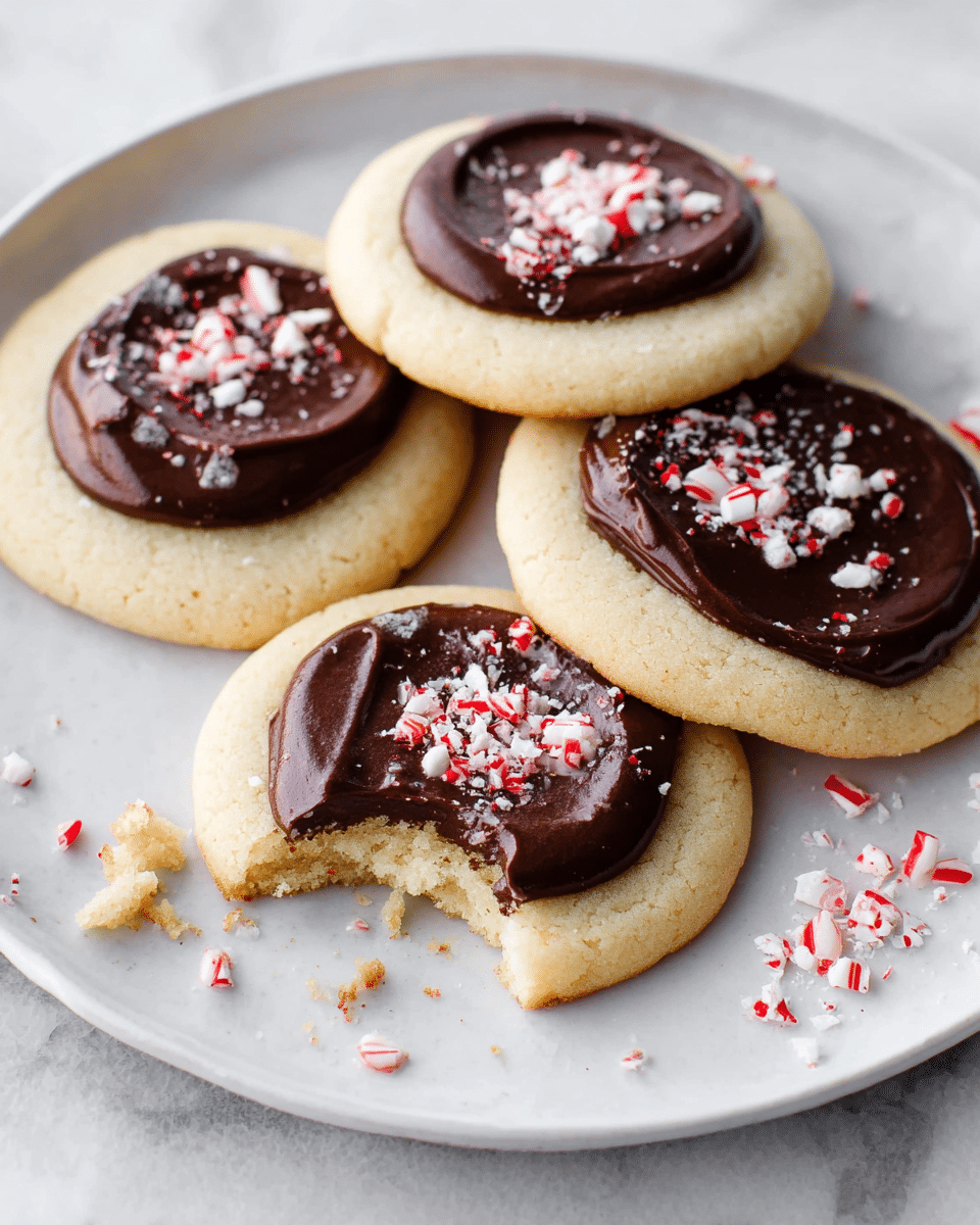A white plate with five round sugar cookies on a white marbled surface, four of the cookies have a smooth, thick layer of dark chocolate frosting spread in the center, with two of them sprinkled with small pieces of crushed red and white peppermint candy. One cookie is plain with a bite taken out of its edge, showing its soft and crumbly texture. Small bits of peppermint candy and crumbs are scattered around the plate. Photo taken with an iphone --ar 4:5 --v 7