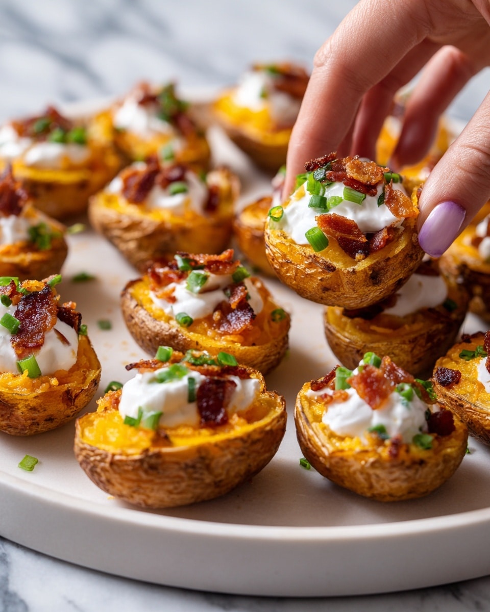 The image shows crispy potato skins filled with melted orange cheese as the base layer, topped with crispy brown bacon bits, a dollop of white sour cream, and chopped bright green scallions on top. Each potato skin has a browned, crinkly outer shell and soft inside filled with these layers. A woman's hand is picking up one of the potato skins from a round white plate filled with more skins, all set on a white marbled surface. Photo taken with an iphone --ar 4:5 --v 7