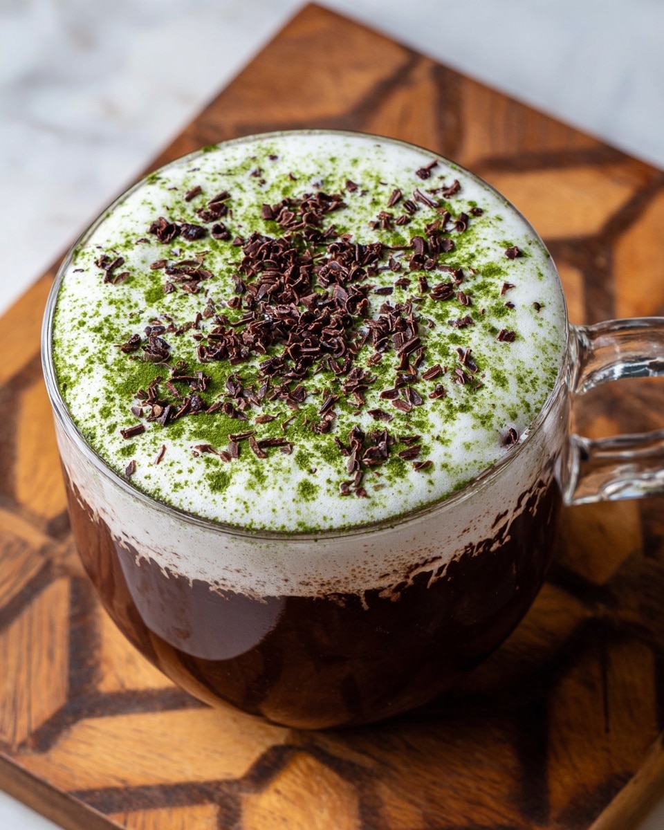 A clear glass mug filled with a layered drink shows three main layers from top down: a thick white foam layer sprinkled evenly with bright green powder and scattered dark brown chocolate bits, beneath the foam a light brown creamy layer visible around the edges, and at the bottom a darker brown liquid base. The mug sits on a wooden textured surface, and the photo is a close-up shot from above showing the detailed textures of the foam and toppings. Photo taken with an iphone --ar 4:5 --v 7