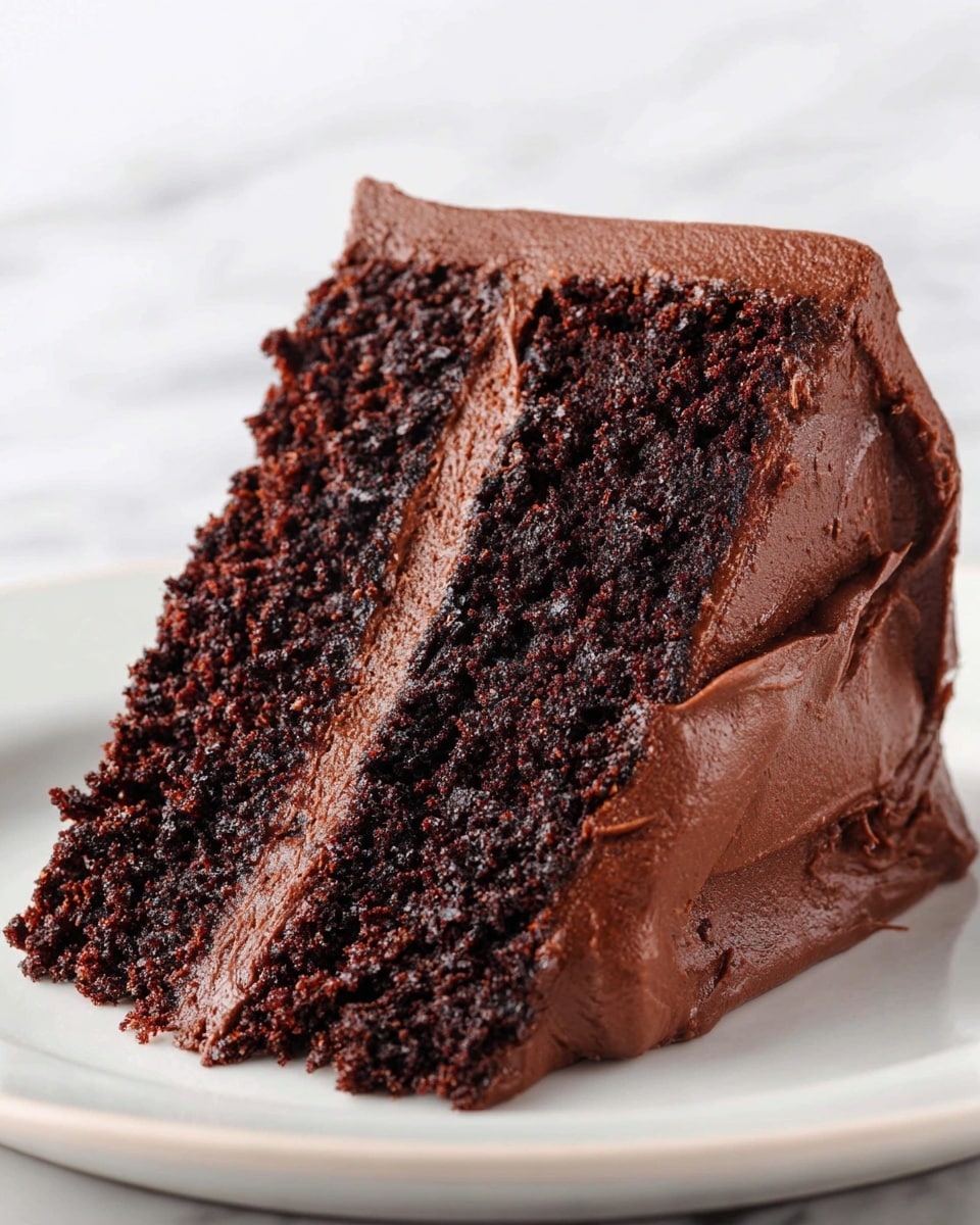 A close-up of a two-layer dark brown chocolate cake slice with a thick middle layer of smooth chocolate frosting, covered by the same chocolate frosting on the sides. The cake looks moist and slightly crumbly, placed on a white plate. The background is a white marbled texture. Photo taken with an iphone --ar 4:5 --v 7