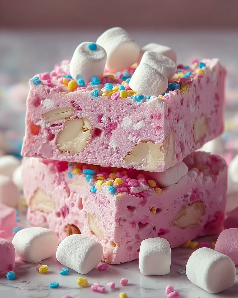 The image shows two thick square pieces of pink rocky road stacked on a white marbled surface. Each piece has a soft, light pink texture, with visible chunks of creamy white nuts inside. On top of the rocky road are small white and pink mini marshmallows, along with small, round, colorful sprinkles in blue, yellow, and pink, adding a playful touch. More mini marshmallows are scattered around the base of the rocky road pieces, emphasizing their soft, chewy look. photo taken with an iphone --ar 4:5 --v 7