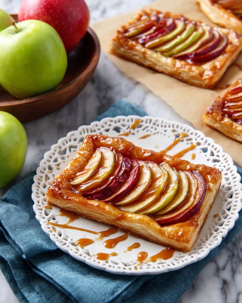 The image shows a white scalloped-edge plate with a square tart in the center, featuring a golden brown puff pastry base. On top of the pastry, there are five thin, overlapping slices of apple, alternating red and green colors, arranged in a neat row. The apple slices have a glossy caramel glaze drizzled over them and sprinkled with a light dusting of cinnamon. Surrounding the plate is a blue cloth, with a wooden bowl containing green and red apples placed nearby on a white marbled surface. Two more similar tarts are partially visible on parchment paper to the right and bottom edges. Photo taken with an iphone --ar 4:5 --v 7