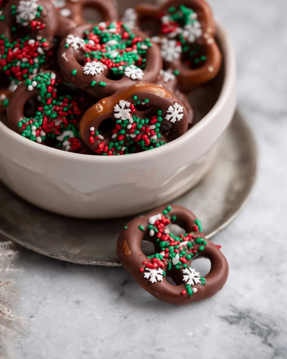 A white bowl is filled with many chocolate-covered pretzels, each pretzel coated evenly in smooth, milk chocolate that has a slightly shiny texture. The pretzels are piled high, showing their classic twisted shapes with three holes and the soft brown color of the chocolate coating. The bowl sits on a metal cake pan on a white marbled surface. In the background, there is a glass jar filled with melted chocolate and some blurred-out cookie pieces on a wooden board. photo taken with an iphone --ar 4:5 --v 7