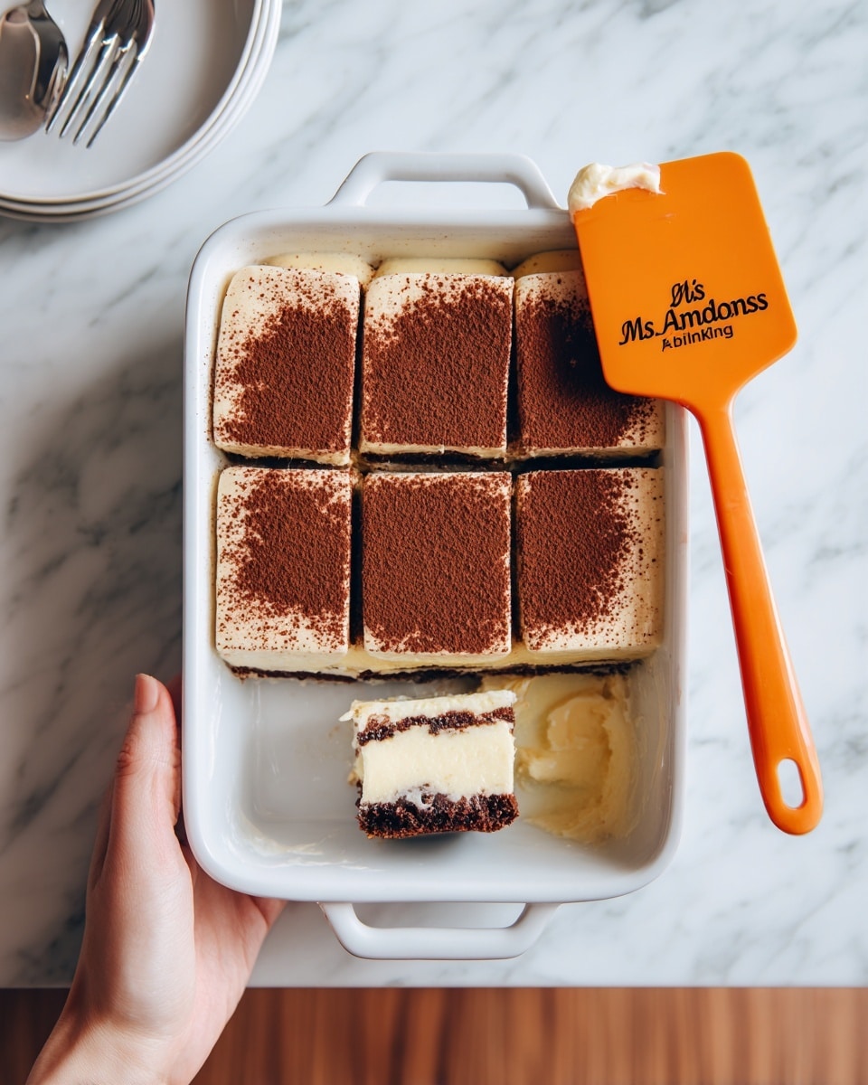 A white rectangular baking dish holds a layered dessert with four square pieces left on the left side and two missing on the right side, showing creamy pale yellow and dark chocolate layers beneath a thick top layer dusted with dark brown cocoa powder. A bright orange spatula with