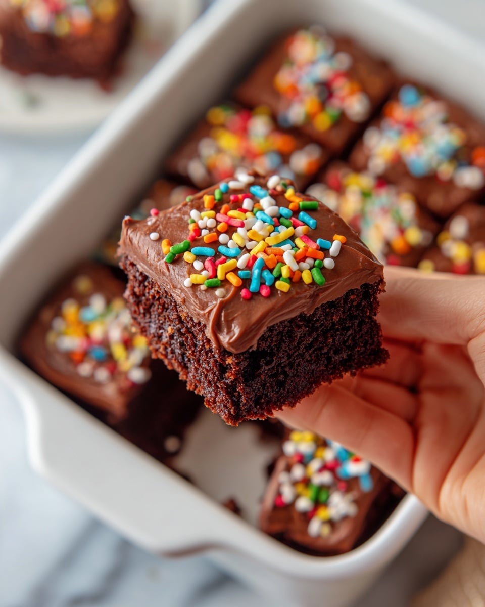 A close-up of a woman's hand holding a small square piece of chocolate cake with thick, glossy chocolate frosting, topped with bright, colorful sprinkles in red, yellow, green, blue, orange, and white. In the background, there is a white rectangular baking dish filled with the same chocolate cake, several pieces cut out, showing the dark, moist cake layer beneath the rich frosting, all placed on a white marbled surface. The frosting on the baking dish is also covered with the same colorful sprinkles. Photo taken with an iphone --ar 4:5 --v 7