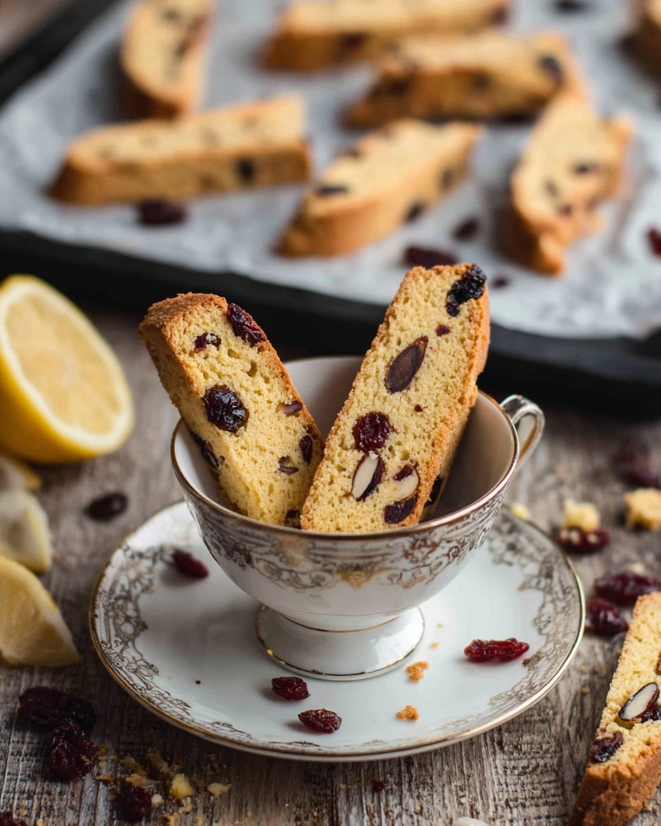 A golden brown biscotti cookie studded with dark cranberries and whole almonds is placed resting inside a white teacup decorated with delicate gold and silver patterns, which sits on a matching saucer. Several other biscotti pieces lie scattered on a white paper-lined black baking tray in the background, with a few dried cranberries and crumbs sprinkled on a rustic wooden surface beneath. There is also a half lemon visible on the left side of the image. photo taken with an iphone --ar 4:5 --v 7