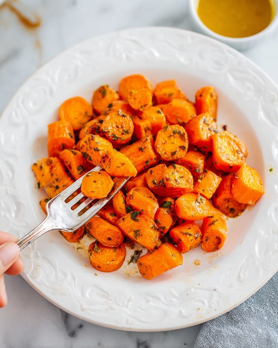 The image shows a white decorative plate filled with cooked orange carrot pieces cut into small rounds and cubes, seasoned with herbs and oil. A fork resting on the edge of the plate holds a few carrot cubes, with a woman's hand holding the fork, ready to eat. The plate is placed on a white marbled surface, and a small bowl with a mustard-colored sauce is visible blurred in the background. The carrots look soft and shiny with a slightly oily texture. Photo taken with an iphone --ar 4:5 --v 7