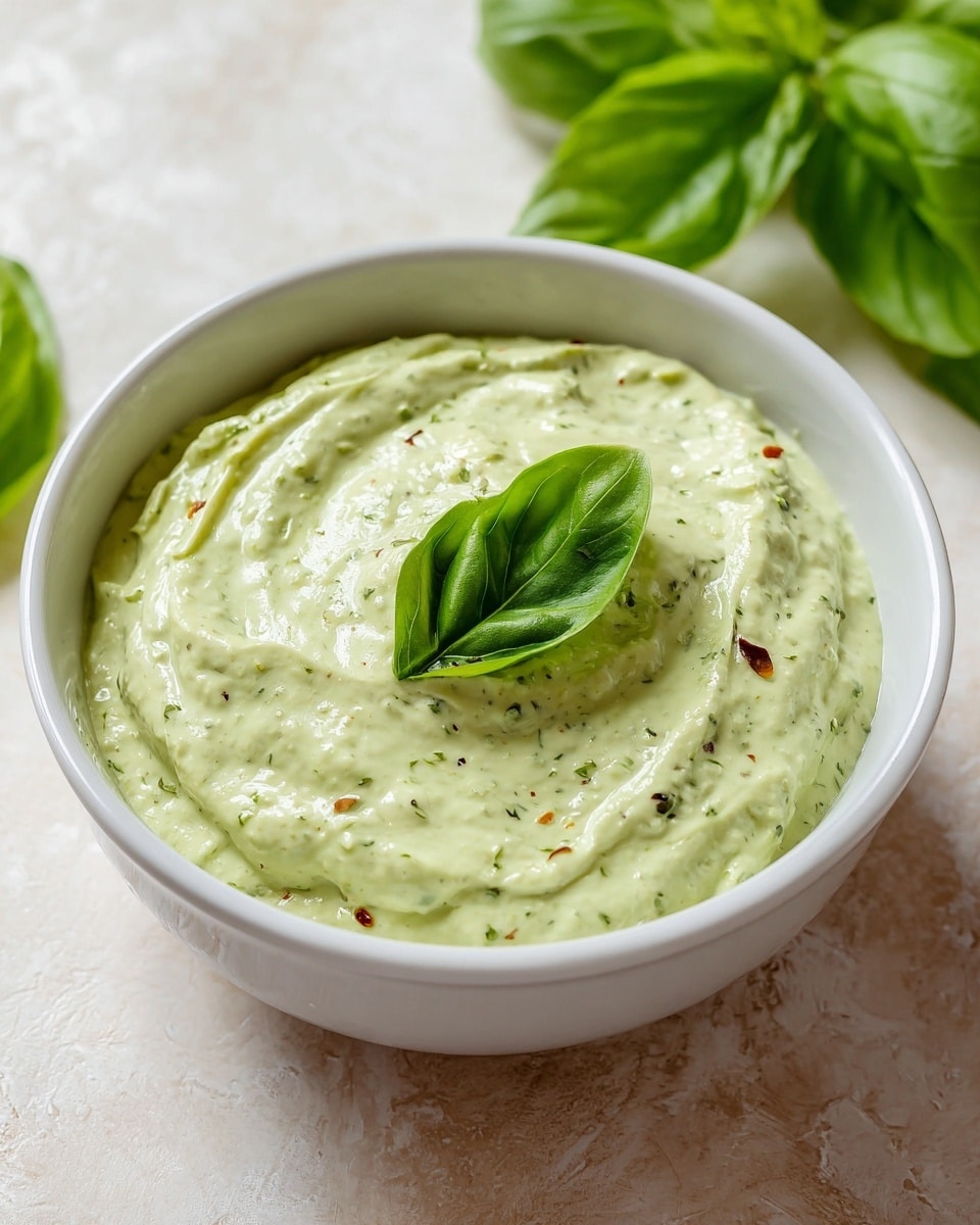 A white bowl filled with a creamy, light green sauce that has small bits of herbs and spices mixed throughout, giving it a textured look. The sauce sits smoothly in the bowl, with a fresh, bright green basil leaf placed neatly on top as a garnish. The bowl is set on a white marbled textured surface with more green basil leaves slightly blurred in the background, adding to the fresh and natural feel of the image. Photo taken with an iphone --ar 4:5 --v 7