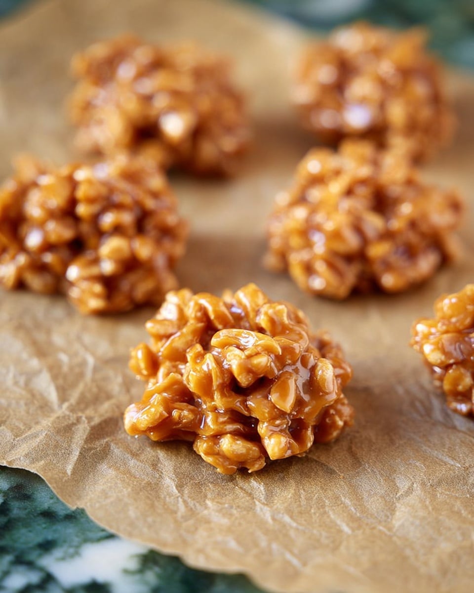 The image shows several clusters of sticky, golden brown candy pieces placed on crinkled light brown parchment paper. Each cluster is made up of many small, irregularly shaped parts coated in a glossy caramel texture, giving a shiny and smooth surface. The clusters are uneven in size and look a little bumpy due to the crunchy bits inside. The background is blurred but altered to a white marbled texture, making the candy clusters the main focus. photo taken with an iphone --ar 4:5 --v 7