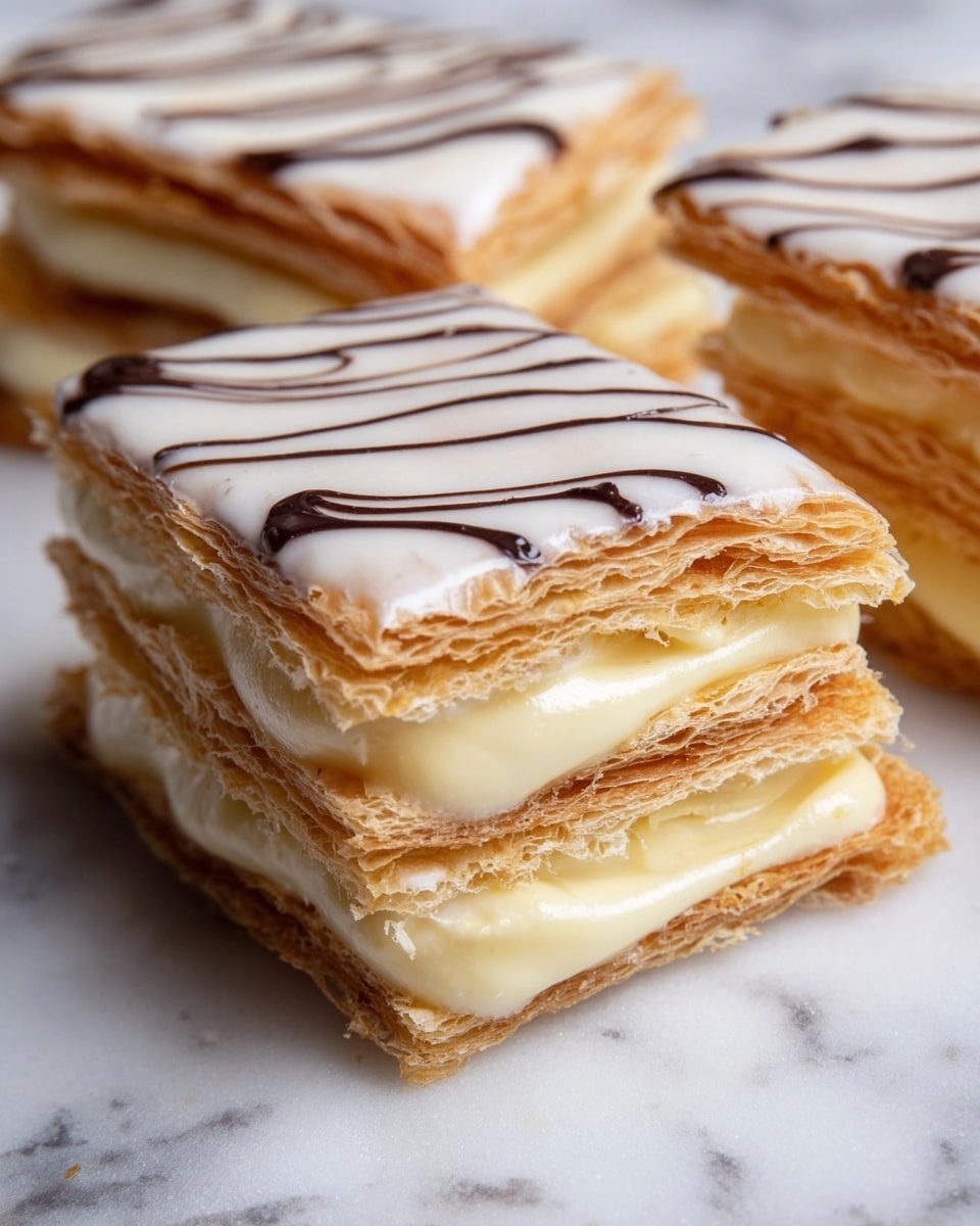 The image shows a close-up of a mille-feuille pastry with three layers of light golden-brown, flaky puff pastry, alternating with two thick layers of creamy, pale yellow custard. The top pastry layer is covered with smooth white icing decorated with curved dark brown chocolate lines. The texture of the puff pastry is crisp and slightly crumbly, while the custard looks rich and smooth. The pastry pieces rest on a white marbled surface. Photo taken with an iphone --ar 4:5 --v 7