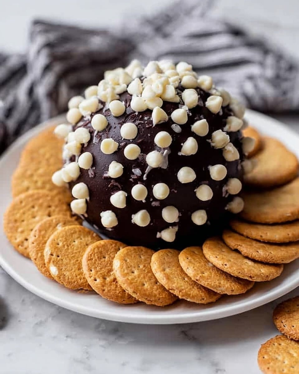 A round dark brown chocolate ball covered evenly with small white chocolate chips all over the surface, placed at the center of a white plate. Around the chocolate ball, there is a neat ring of light brown round crackers, some slightly stacked, creating a border. The plate sits on a white marbled surface with a blurred cloth in the background. photo taken with an iphone --ar 4:5 --v 7